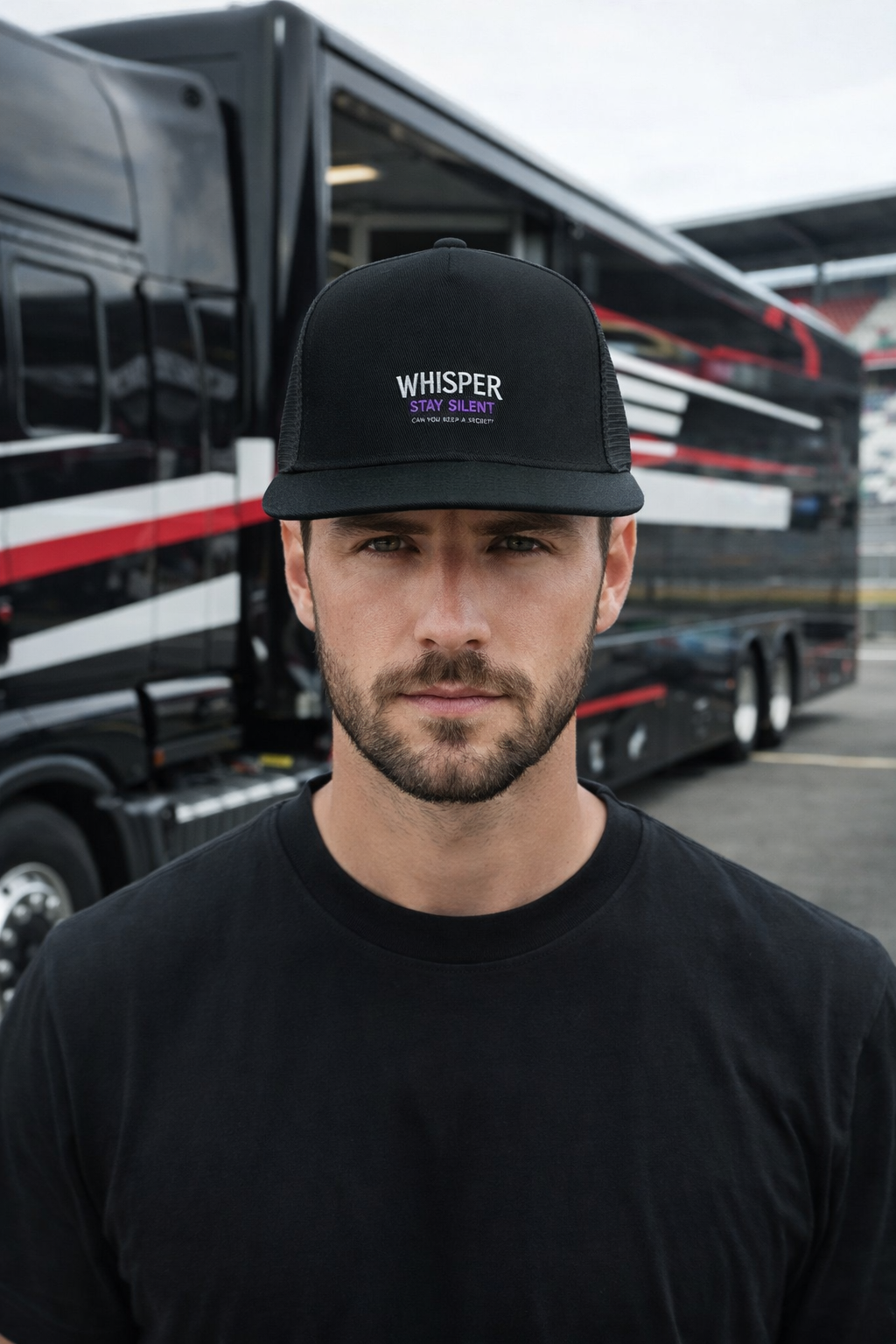 5 Panel Trucker Cap |WHISPER 6006 Black mit Aufdruck - Versanddauer 3–4 Tage.